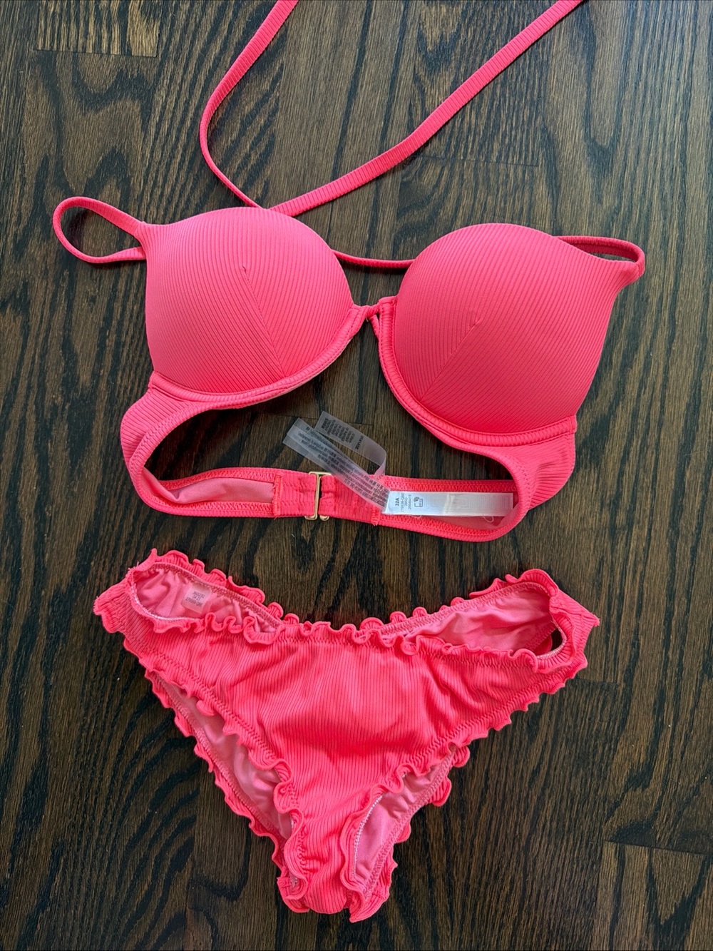 VICTORIA'S SECRET BOMBSHELL ADD 2-CUPS PUSH UP CORAL ORANGE BIKINI SET 32A XS